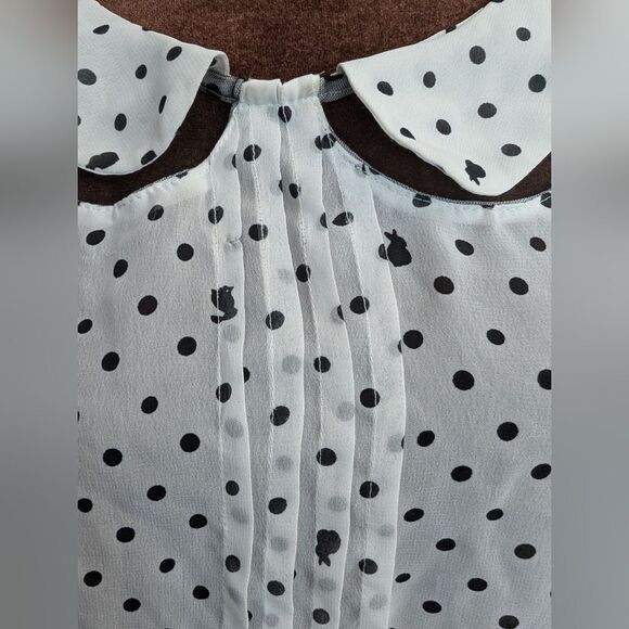 White sheer chiffon polka dot bunny print blouse Peter Pan collar size S - Picture 4 of 6